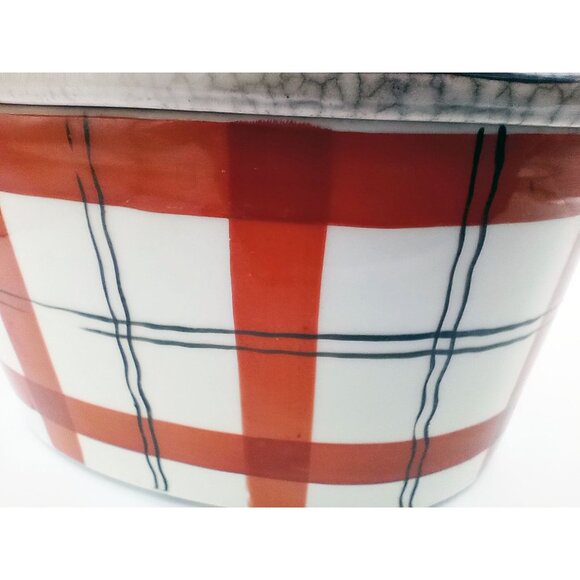 Red Plaid Storage Container Hand Painted Ceramic Crazed Vintage Takito Company - Picture 10 of 16